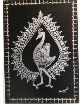 silver peackock Warli art (Canvas) with frame (11"X15")
